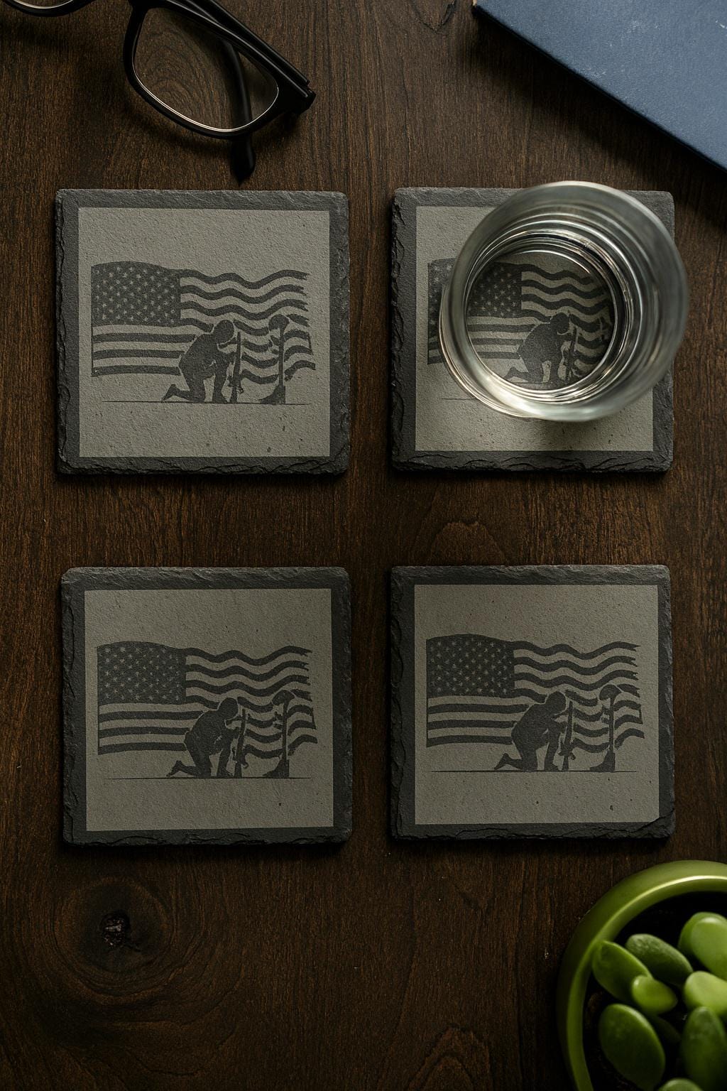 American Flag & Battlefield Cross Slate Coaster Set – Laser Engraved Patriotic Military Memorial Coasters