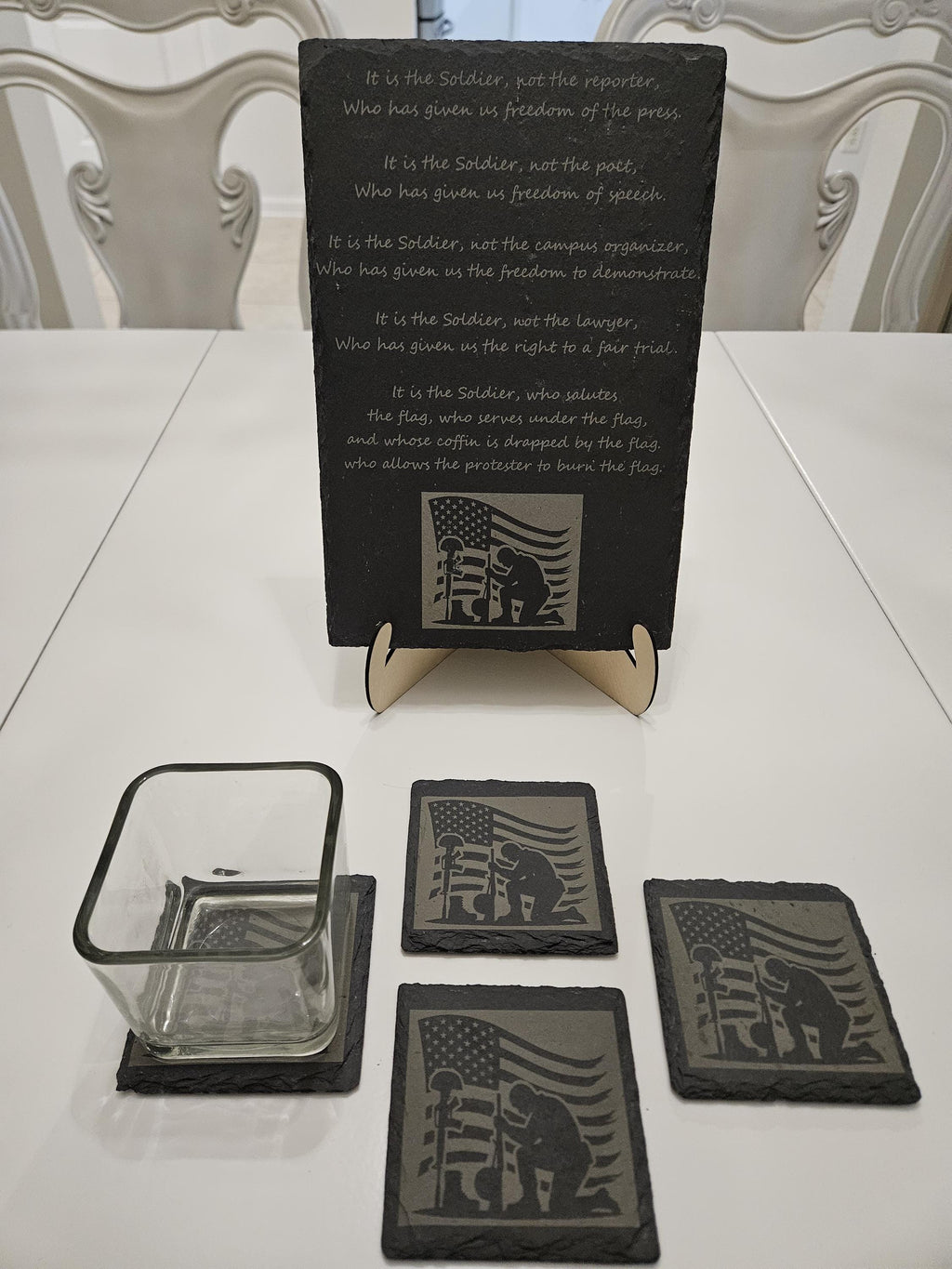 American Flag Slate Coaster and Soldier Tribute Plaque Set Laser Engraved Patriotic Military Gift