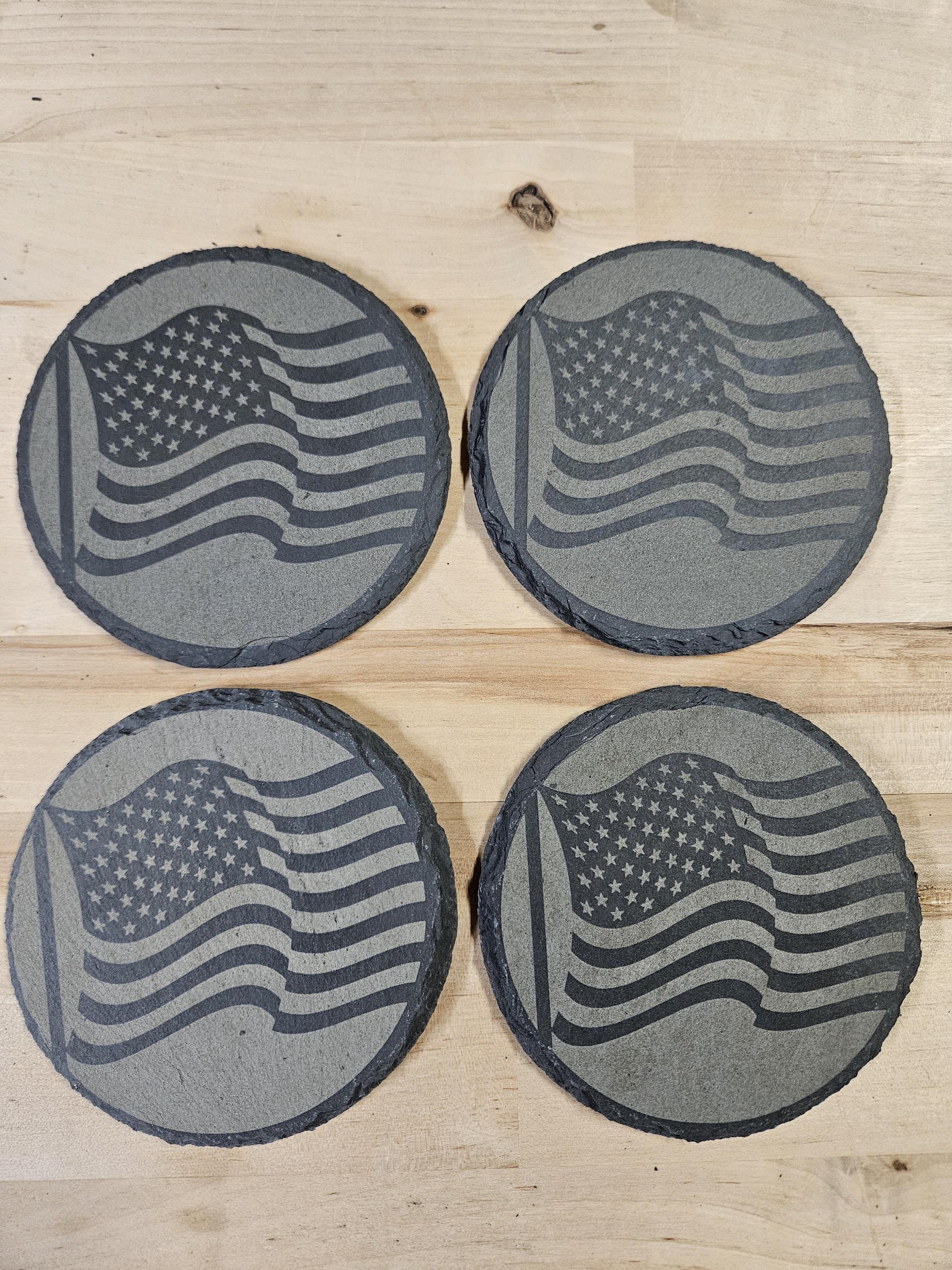 American Flag Slate Coaster Set Laser Engraved Patriotic Rustic Home Bar Decor Gift