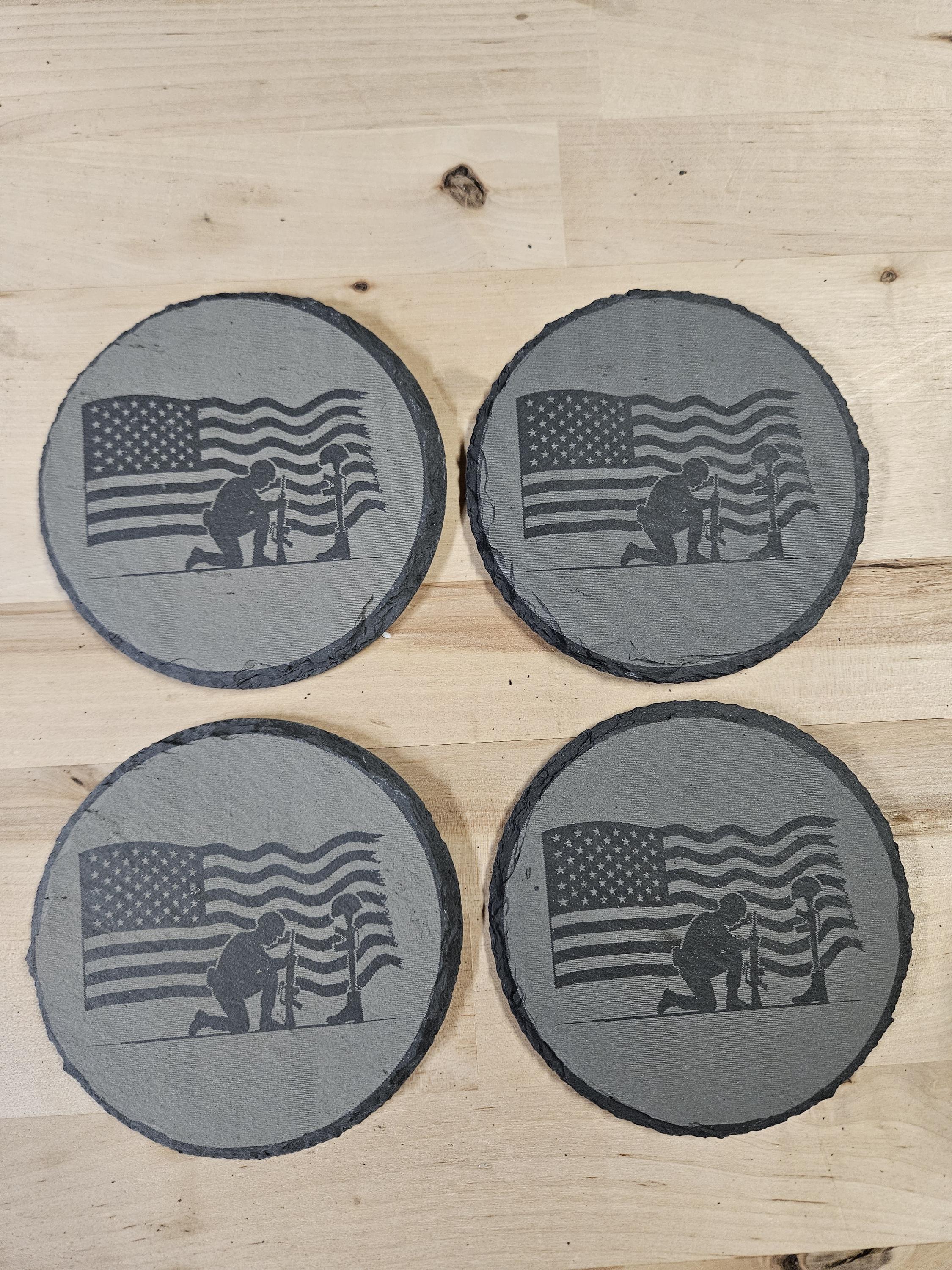Laser Engraved American Flag Coaster – Battlefield Cross, Veteran Gift
