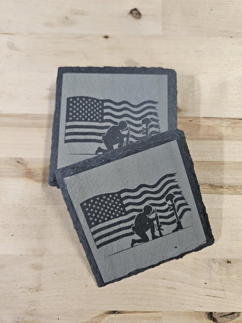 American Flag & Battlefield Cross Slate Coaster Set – Laser Engraved Patriotic Military Memorial Coasters