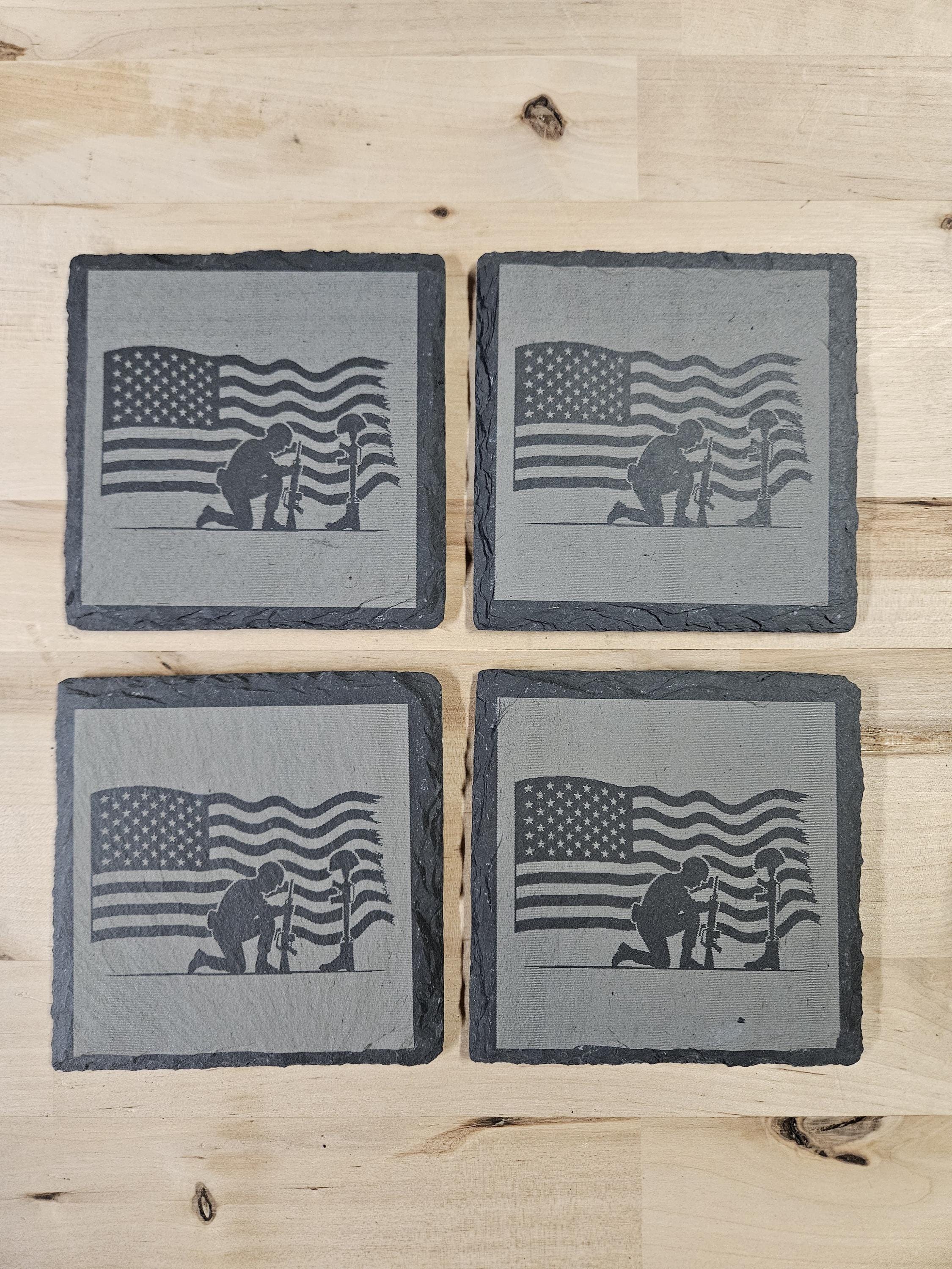 American Flag & Battlefield Cross Slate Coaster Set – Laser Engraved Patriotic Military Memorial Coasters