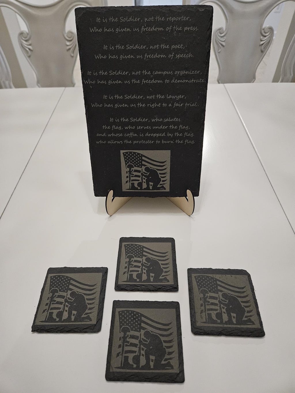 American Flag Slate Coaster and Soldier Tribute Plaque Set Laser Engraved Patriotic Military Gift