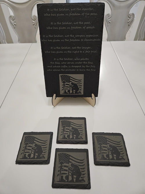 American Flag Slate Coaster and Soldier Tribute Plaque Set Laser Engraved Patriotic Military Gift