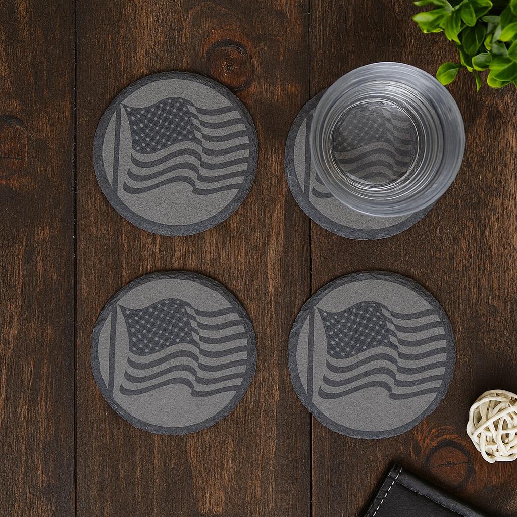 American Flag Slate Coaster Set Laser Engraved Patriotic Rustic Home Bar Decor Gift
