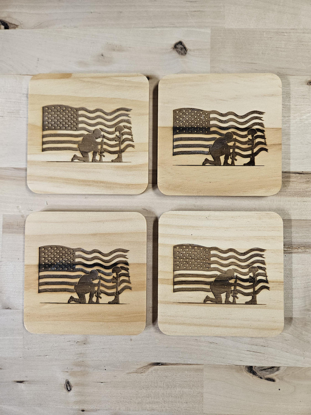 American Flag & Battlefield Cross Slate Coaster Set – Laser Engraved Patriotic Military Memorial Coasters