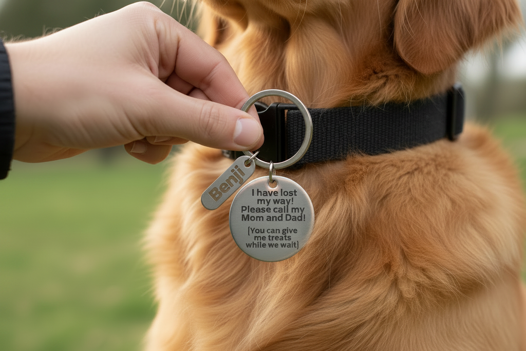 Custom Stainless Steel Pet ID Tag – Laser Engraved Name & Phone Number Collar Charm